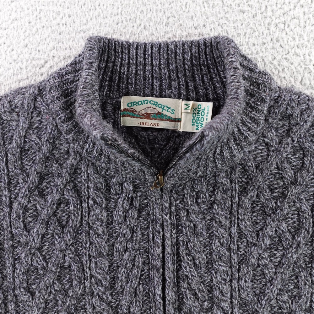 Aran Crafts Cardigan‎ Sweater Mens Medium Gray Merino Wool Full Zip Cable Knit